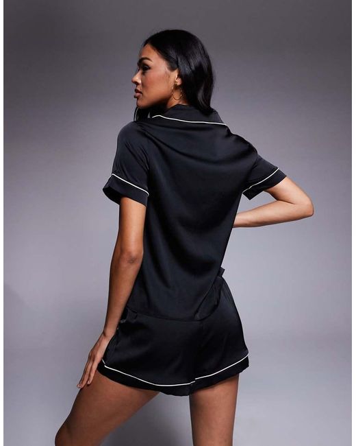 Boux Avenue Black Luxe Satin Revere Top And Shortie Set With Piping Detail