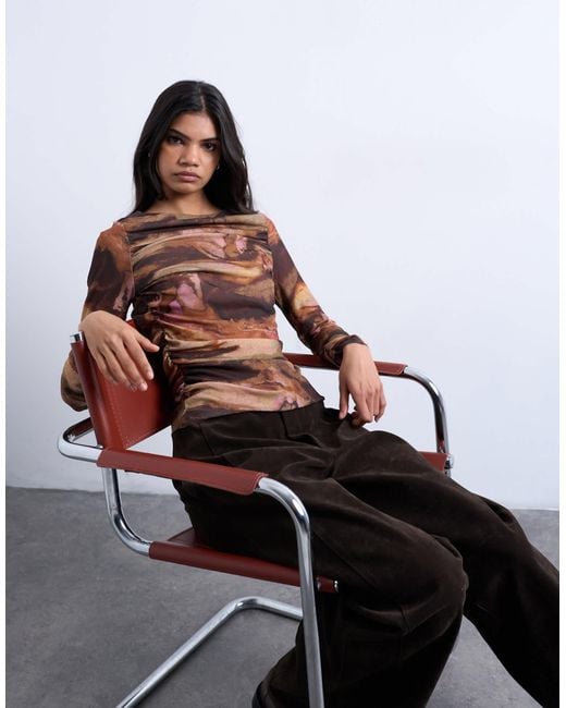 TOPSHOP Multicolor Abstract Print Ruched Long Sleeve Top