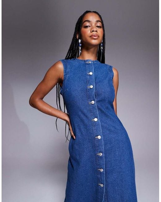 ASOS Blue Round Neck Denim Maxi Dress With Button Front Opening