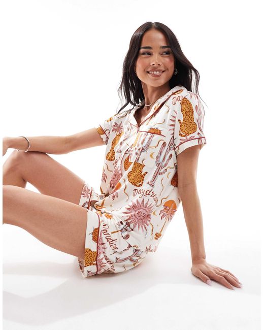Chelsea Peers White Poly Short Sleeve Revere And Shorts Set
