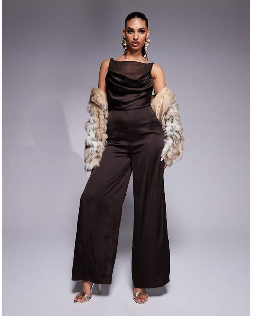 ASOS Brown Cowl Neck Satin Jumpsuit With Sheer Underlay And Buckle Back