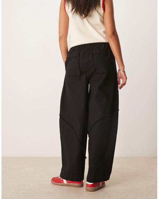 ASOS Black Linen Blend Pull On Barrel Leg Trousers With Raw Seam Detail