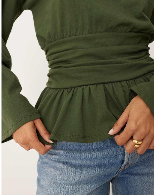 ASOS Green Oversized Long Sleeve Tee With Cinched Waist And Peplum Hem