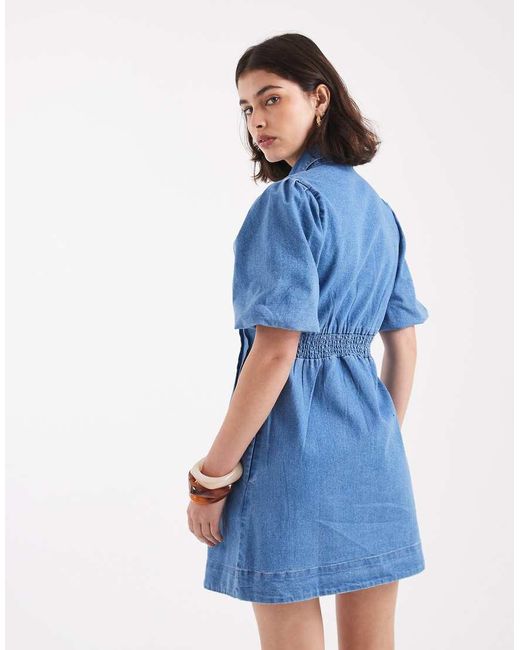 Vero Moda Denim Mini-Jurk Met Pofmouwen En Geplooide Taille in het Blue