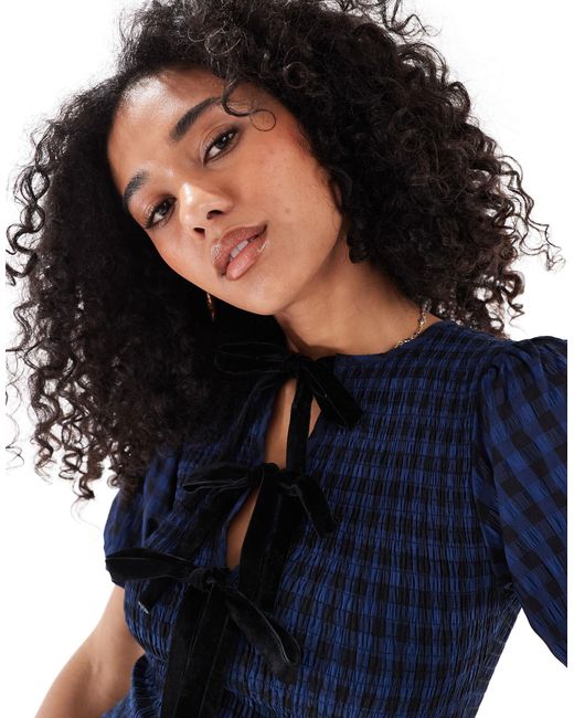 Daisy Street Blue Shirred V Neck Mini Dress With Ties