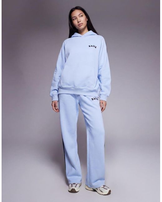 Kaiia Blue Cotton Rich Embroidered Logo Contrast Stripe Detail Oversized Hoodie