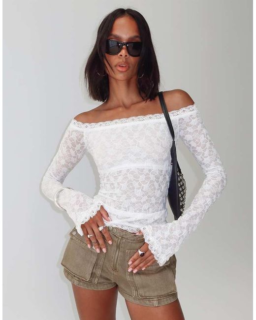 Princess Polly Gray Mochapella Lace Off Shoulder Long Sleeve Top