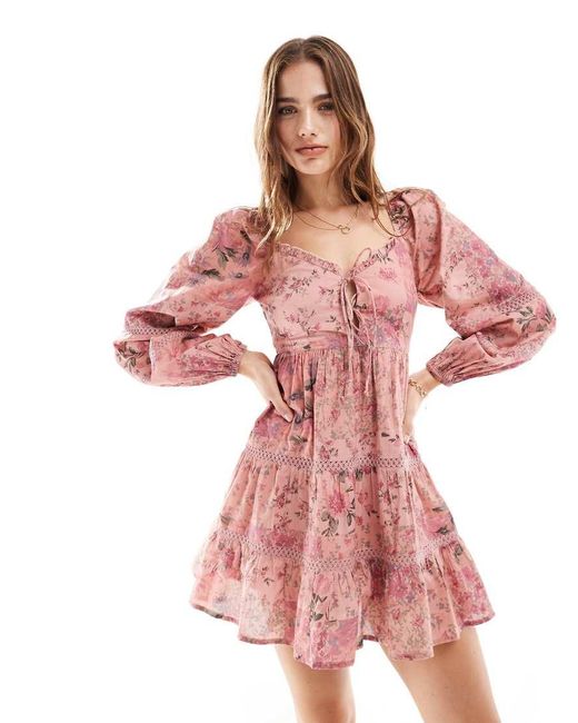 Miss Selfridge Pink Western Cotton Lace Insert Tiered Mini Dress