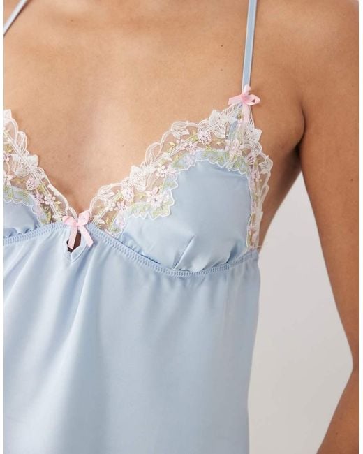 Boux Avenue Blue Nyra Satin Cami With Floral Lace Trim Detail