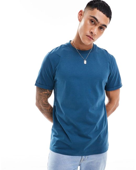 T-shirt con risvolto sulle maniche di ASOS in Blue da Uomo