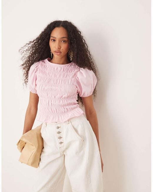ASOS Pink Cotton Shirred Top With Frill Peplum And Puff Sleeve
