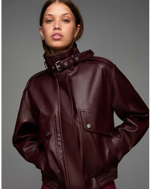 Bershka Brown Faux Leather Jacket With Pockets