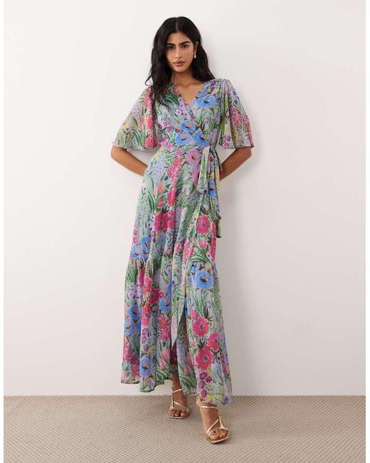 Hope & Ivy Multicolor Flutter Sleeves Wrap Skirt Tie Waist Maxi Dress