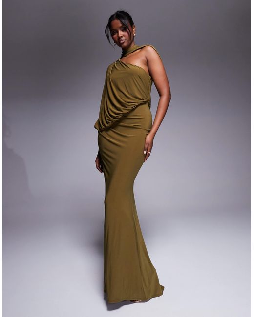 ASOS Green One Shoulder Drape Maxi Dress With Cape Detail