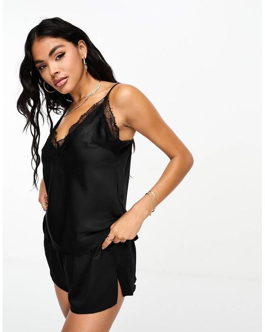 Ann Summers Black Cerise Lace Trim Satin Cami Short Set