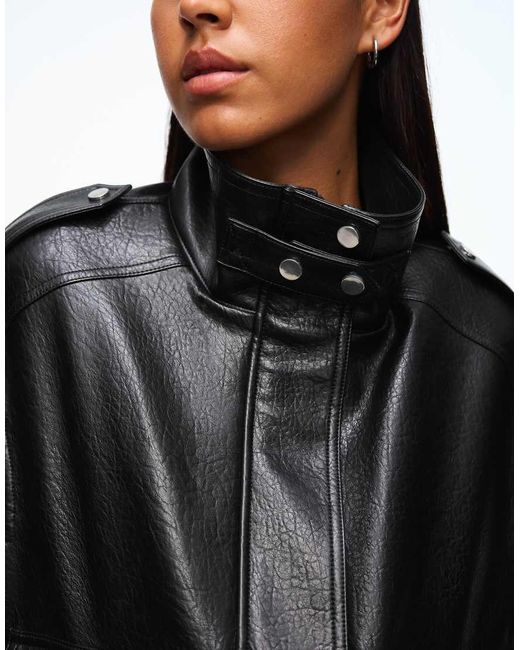 Bershka Black Leather Effect Funnel Neck Jacket