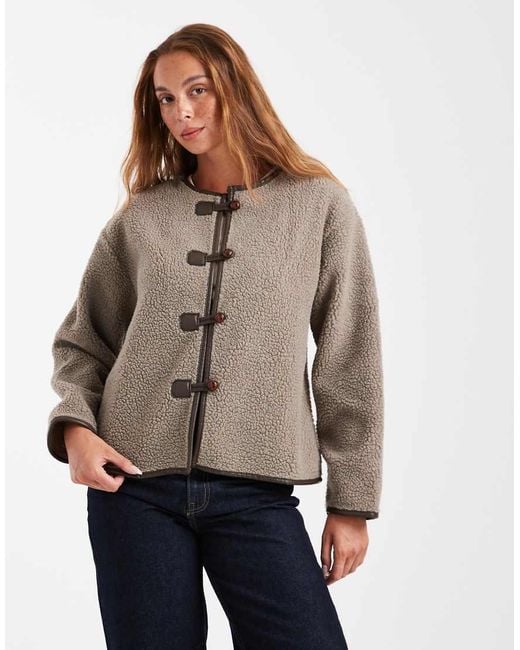 Brave Soul Brown Borg Collarless Jacket With toggle Fastenings