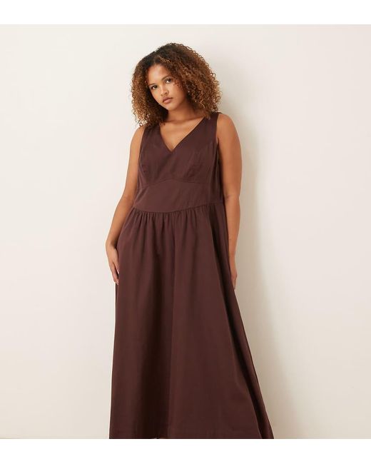 ASOS Brown Asos Design Curve Waisted V Neck Maxi Dress With Seaming Details