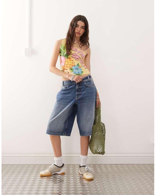 Collusion Blue Denim Skater Jorts With Contrast Stitch