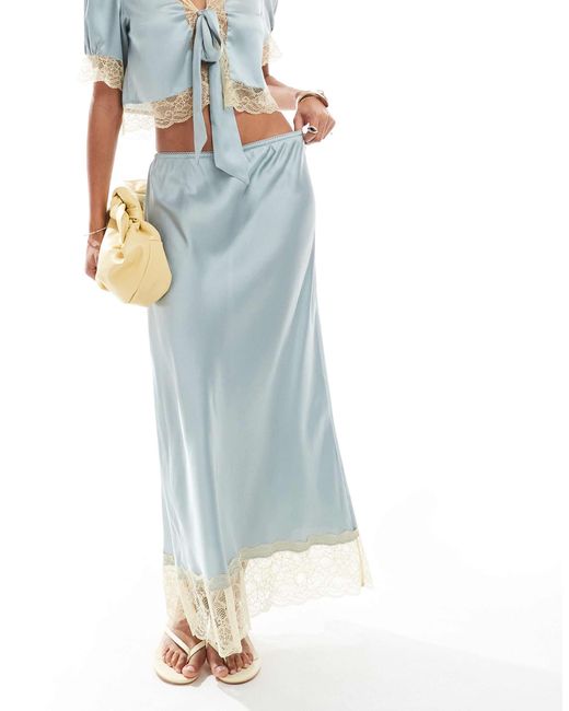 ASOS Blue Satin Midi Skirt With Lace Hem