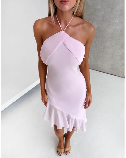 Tiger Mist Pink Elarina 2.0 Chiffon Halterneck Asymmetric Ruffle Hem Midi Dress