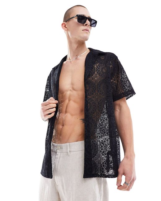 ASOS Black Premium Short Sleeve Relaxed Revere Collar Lace Shirt for men