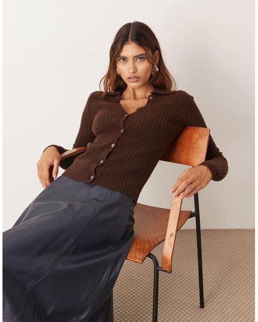 ARRANGE Brown Pure Merino Rib Knit Collared Button Through Top