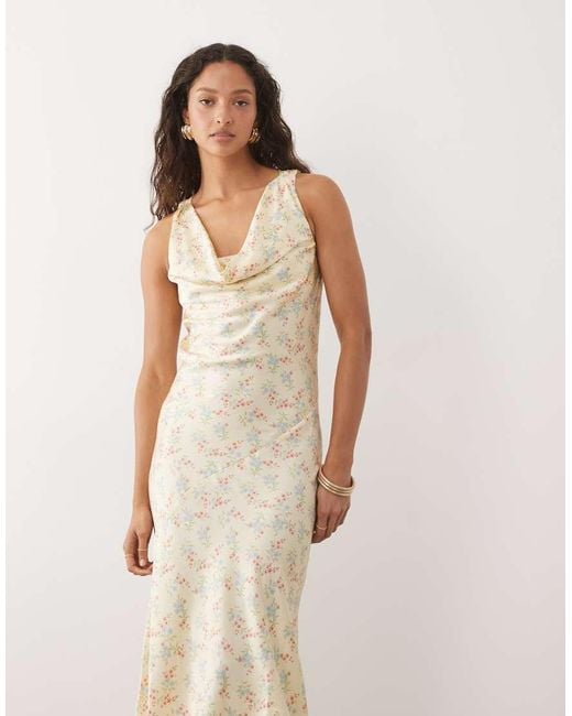 New Look Natural Ditsy Cowl Neck Satin Midi Dress