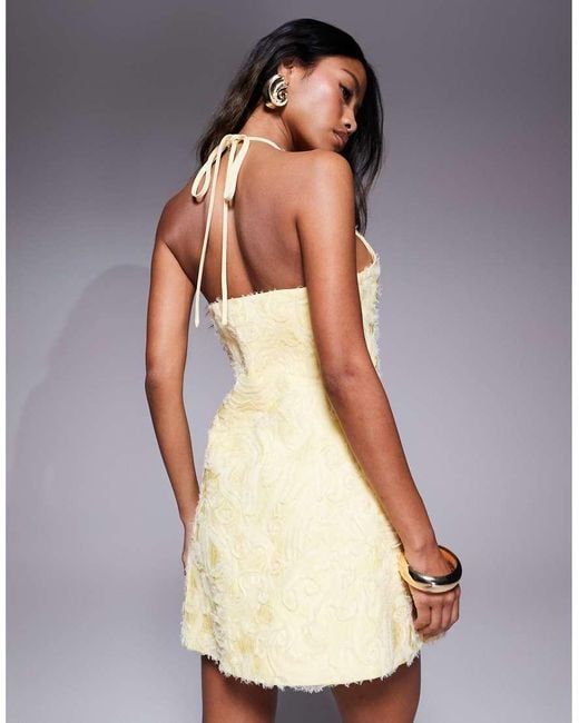 Murci Yellow Exclusive Textured Halterneck Plunge Detail Mini Dress