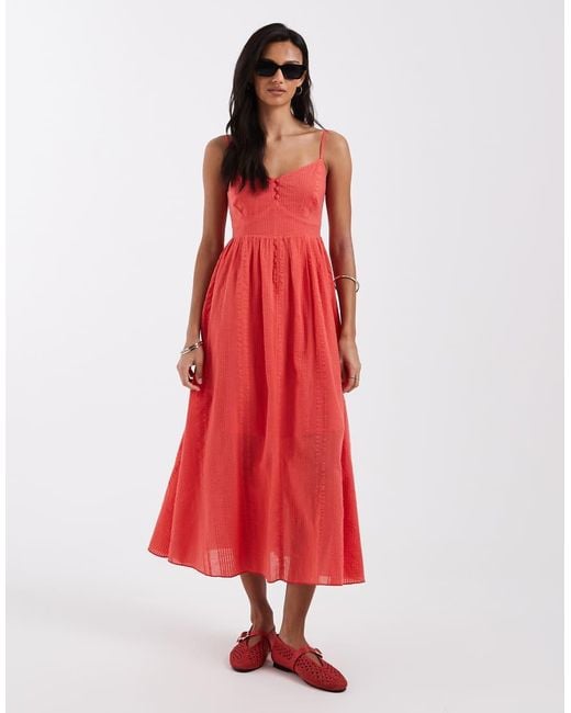 New Look Red Seersucker Textu V Waist Midi Dress