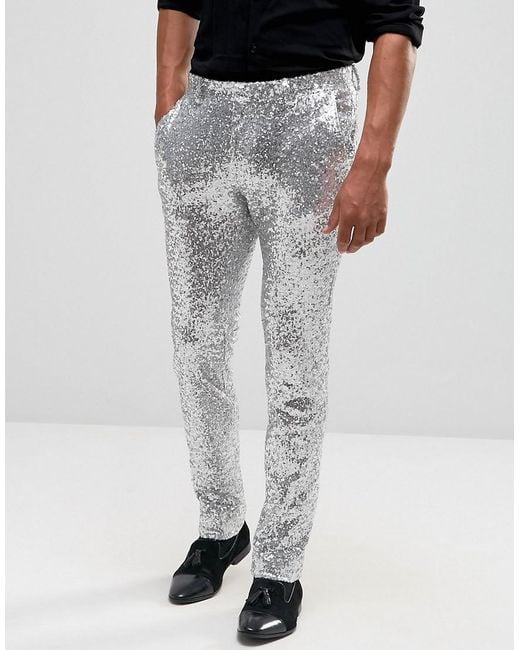 ASOS Metallic Skinny Smart Pants In All Over Sequin Silver for men