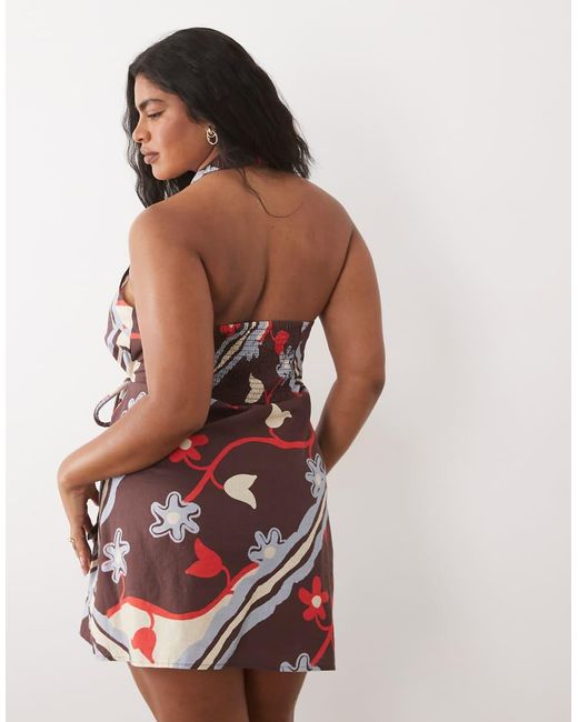 ASOS Red Asos Design Curve Cotton Linen Halter Neck Wrap Mini Sundress
