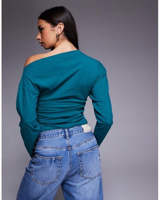 ASOS Blue Off Shoulder Cinched Waist Long Sleeve Asymmetric Top