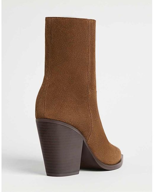 Stradivarius Brown Leather Cowboy Ankle Boots