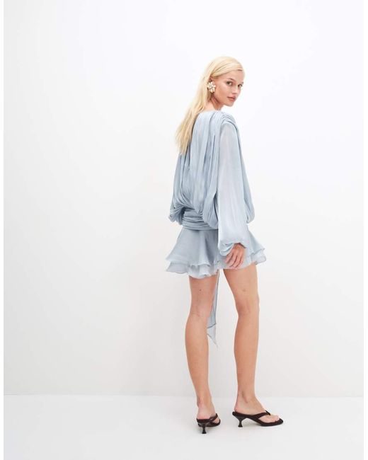 Lioness Blue Elements High Sheen Chiffon Drape Detail Balloon Sleeve Tie Waist Mini Dress