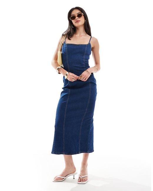 Bershka Blue Strappy Bodycon Denim Shaping Maxi Dress