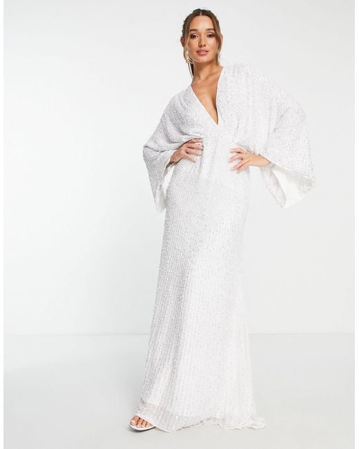 ASOS White Ciara Sequin Kimono Sleeve Wedding Dress In