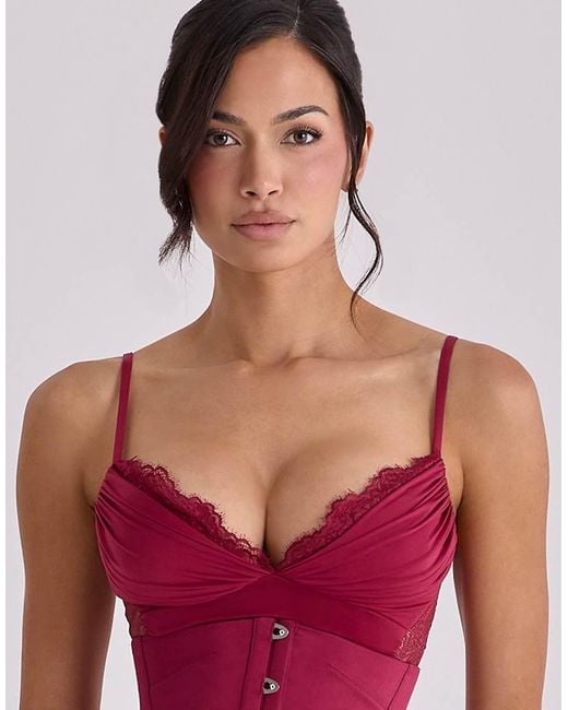 House Of Cb Red Sabrine Wine Lace Trim Maxi Dress + Corset