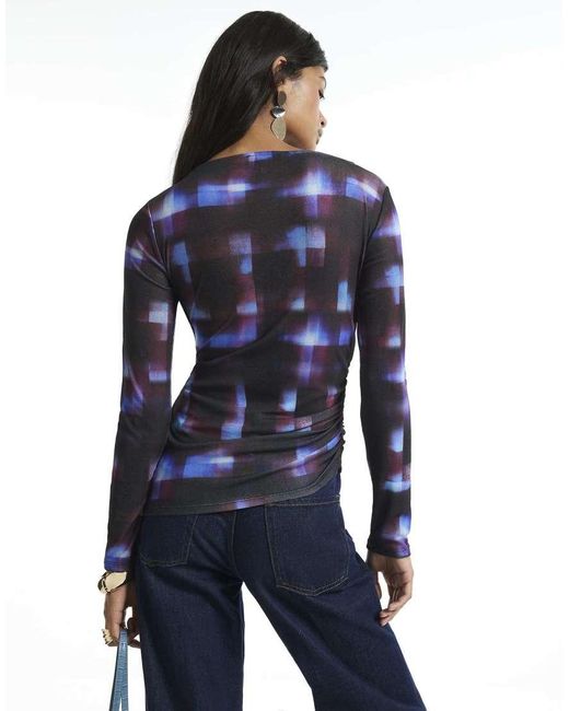 River Island Blue Check Asymmetric Hem Top