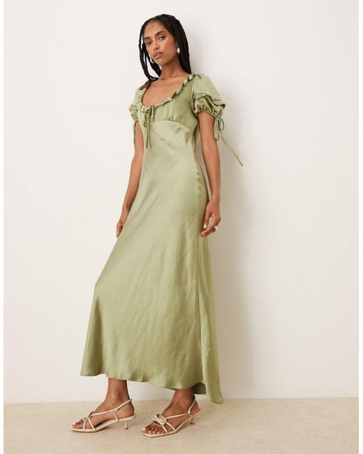 ASOS Green Milkmaid Tie Puff Sleeve Midi Dress