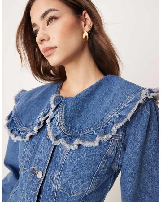 ASOS Blue Denim Jacket With Frill Collar And Seam Detail Co-ord
