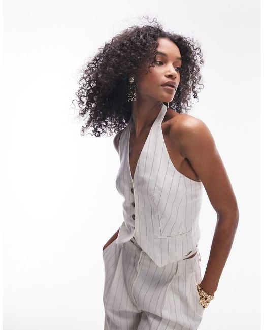 Chaleco De Traje A Rayas Con Cuello Halter De Lino De (Parte De Un Conjunto)-Blanco TOPSHOP de color White
