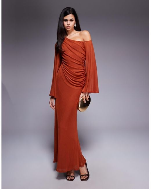 ASOS Red Off Shoulder Wide Sleeve Draped Maxi Dress