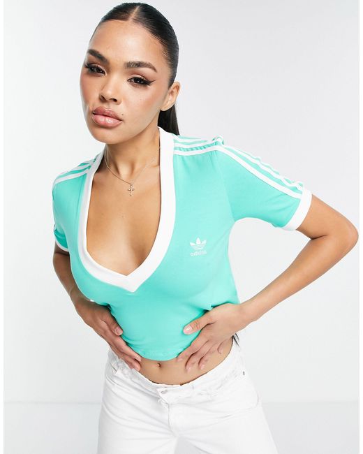 adidas Originals 3 Stripe V-neck Cropped Top in Green | Lyst Canada