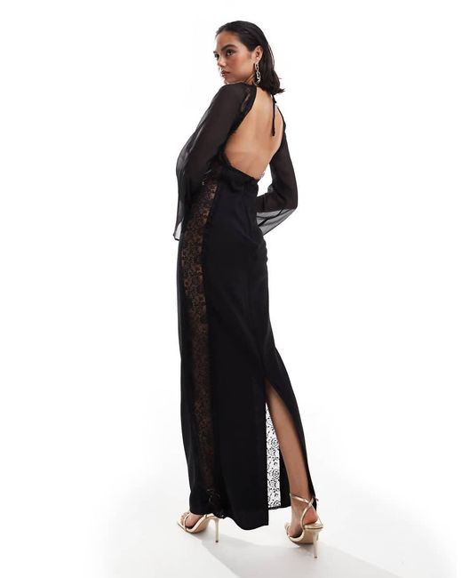 ASOS Schuingesneden Maxi Jurk Van Mix Van Chiffon En Kant Met Uitsnijding in het Black