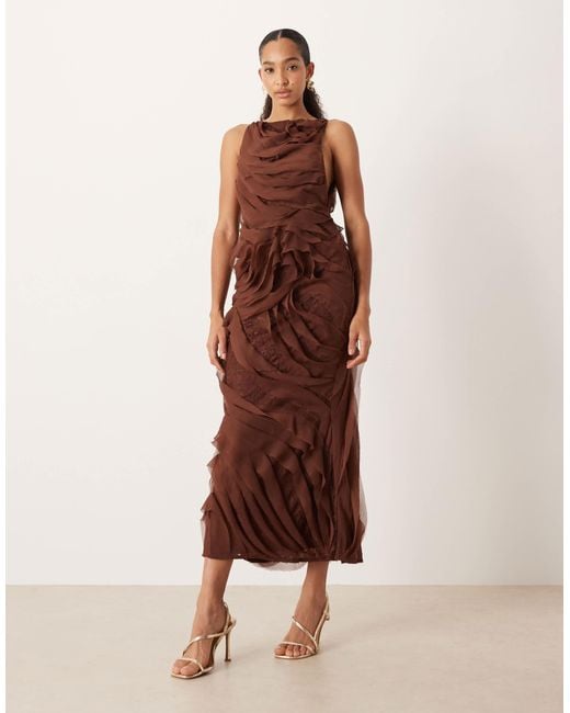 ASOS Brown High Neck Raw Edge Ruffle Maxi Dress With Lace Inserts