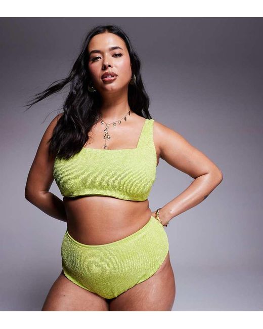 ASOS Green Asos Design Curve Bella Textured High Waist High Leg Bikini Bottom