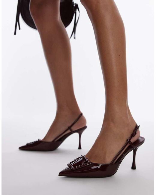 Mango Brown Pointed Slingback Square Detail Heels