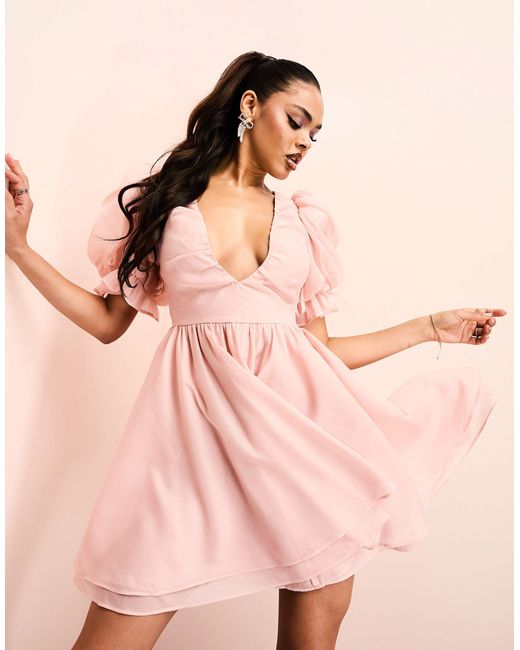 ASOS Pink Plunge Puff Sleeve Mini Dress