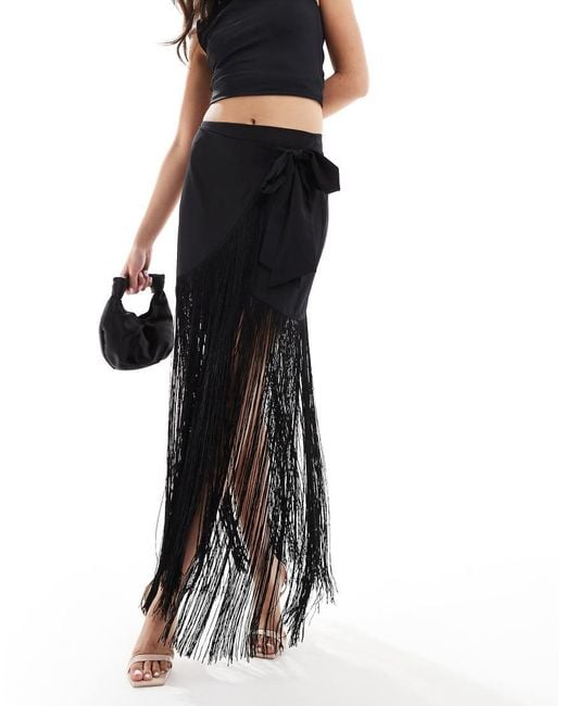 ASOS Black Satin Wrap Fringe Maxi Skirt